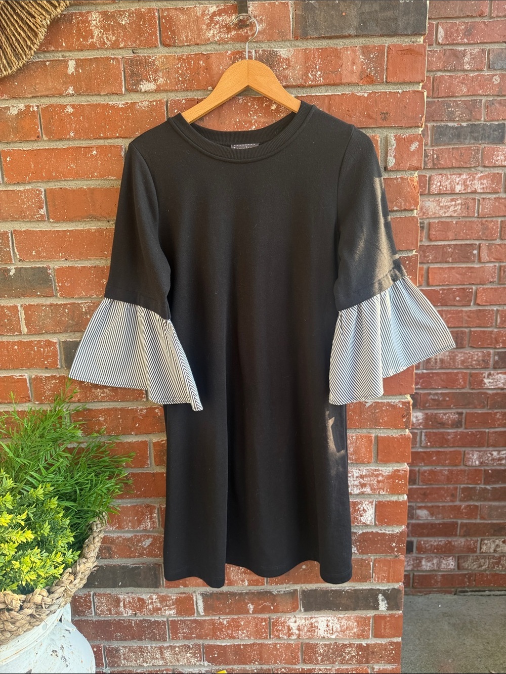 Luxology Black Dress with Black & White Striped Sleeves